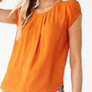 Rust Tulip-Sleeve Pleat-Front Top